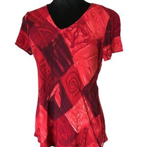 Benjamin A. Geometric Crepe Blouse: Vintage Red Floral Close-Fit Top, Size 12